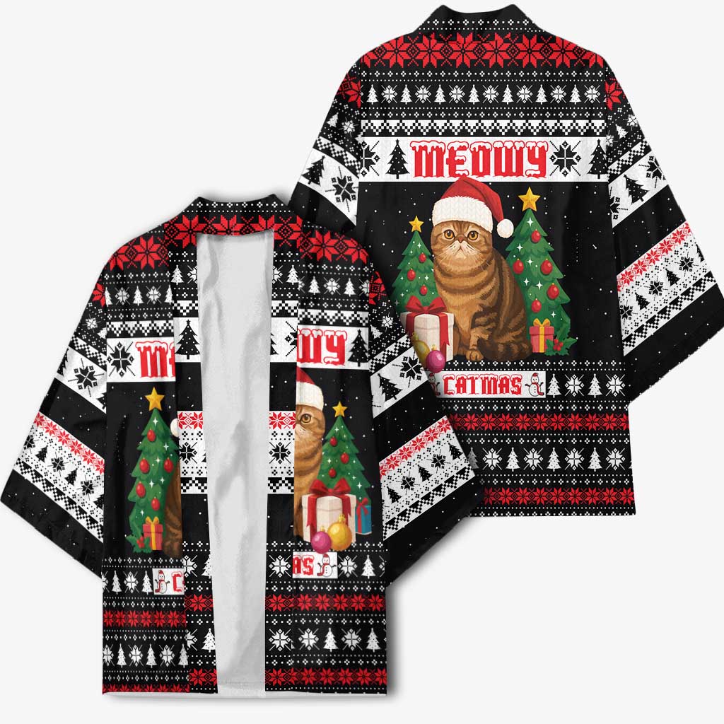 Meowy Catmas Kimono with Tabby Cat Santa Hat and Christmas Tree Gift Pattern Design - Wonder Print Shop