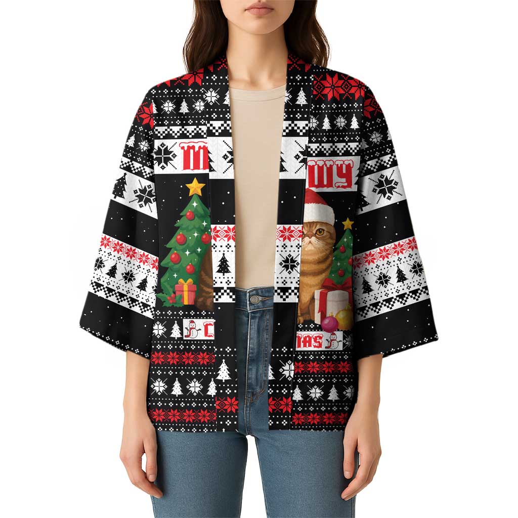 Meowy Catmas Kimono with Tabby Cat Santa Hat and Christmas Tree Gift Pattern Design - Wonder Print Shop