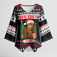 Meowy Catmas Kimono Sleeve Blouse with Tabby Cat Santa Hat and Christmas Tree Gift Pattern Design - Wonder Print Shop