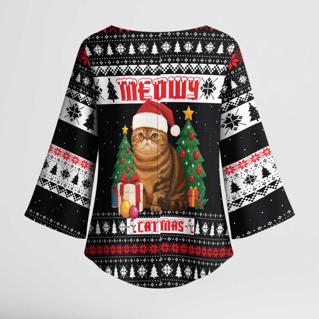 Meowy Catmas Kimono Sleeve Blouse with Tabby Cat Santa Hat and Christmas Tree Gift Pattern Design - Wonder Print Shop