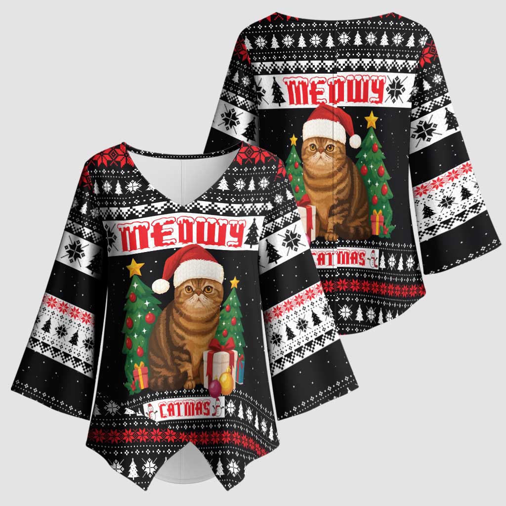 Meowy Catmas Kimono Sleeve Blouse with Tabby Cat Santa Hat and Christmas Tree Gift Pattern Design - Wonder Print Shop