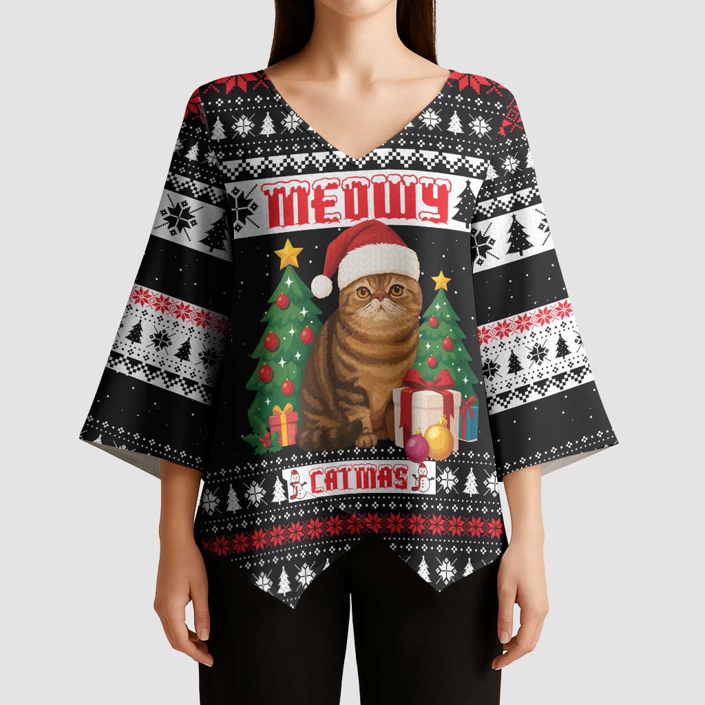 Meowy Catmas Kimono Sleeve Blouse with Tabby Cat Santa Hat and Christmas Tree Gift Pattern Design - Wonder Print Shop