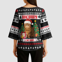 Meowy Catmas Kimono Sleeve Blouse with Tabby Cat Santa Hat and Christmas Tree Gift Pattern Design - Wonder Print Shop