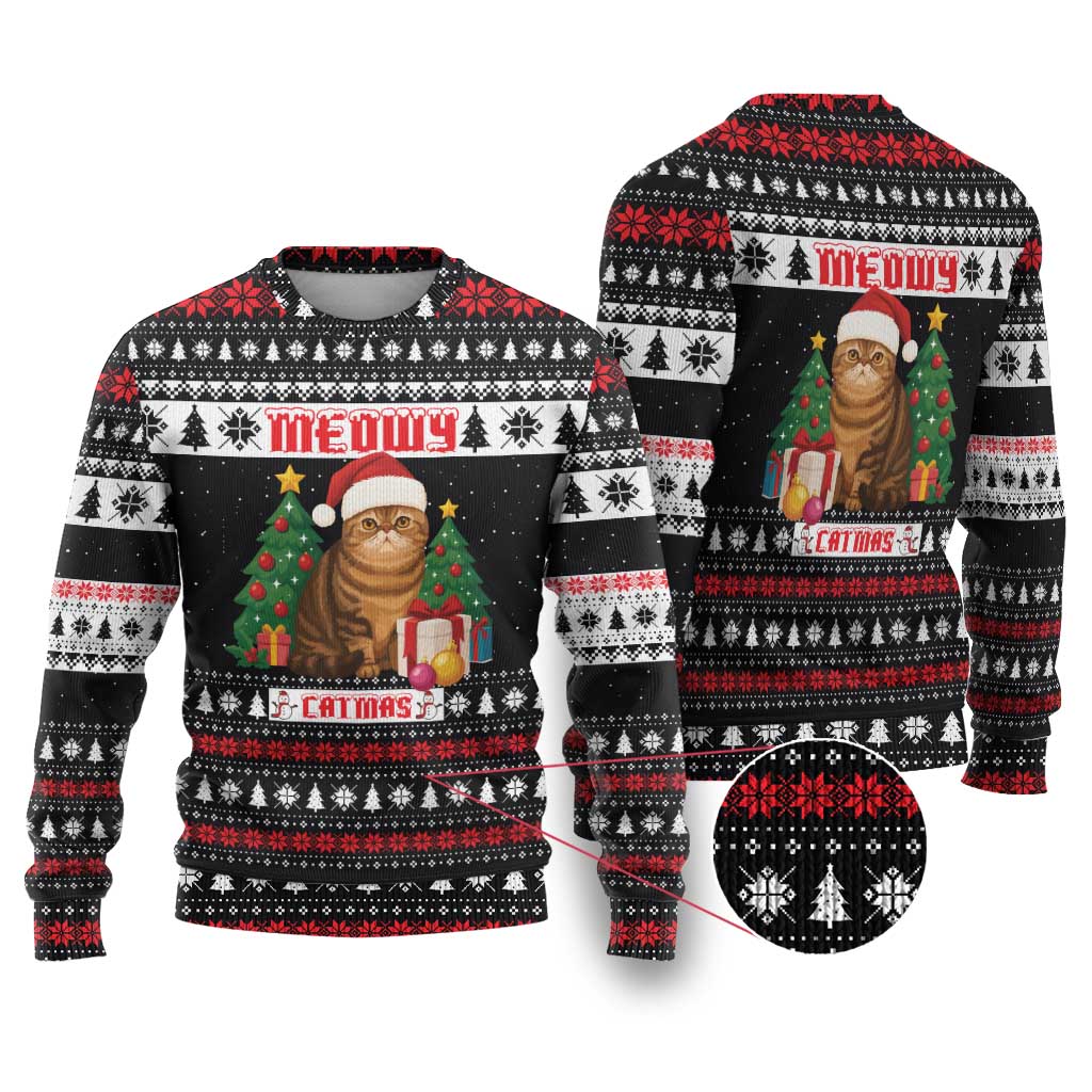 Meowy Catmas Ugly Christmas Sweater with Tabby Cat Santa Hat and Christmas Tree Gift Pattern Design - Wonder Print Shop