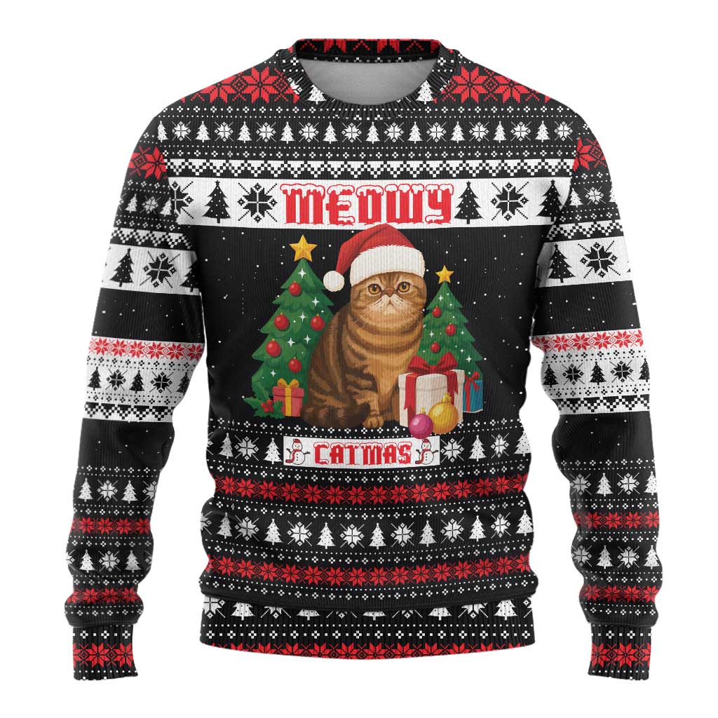 Meowy Catmas Ugly Christmas Sweater with Tabby Cat Santa Hat and Christmas Tree Gift Pattern Design - Wonder Print Shop