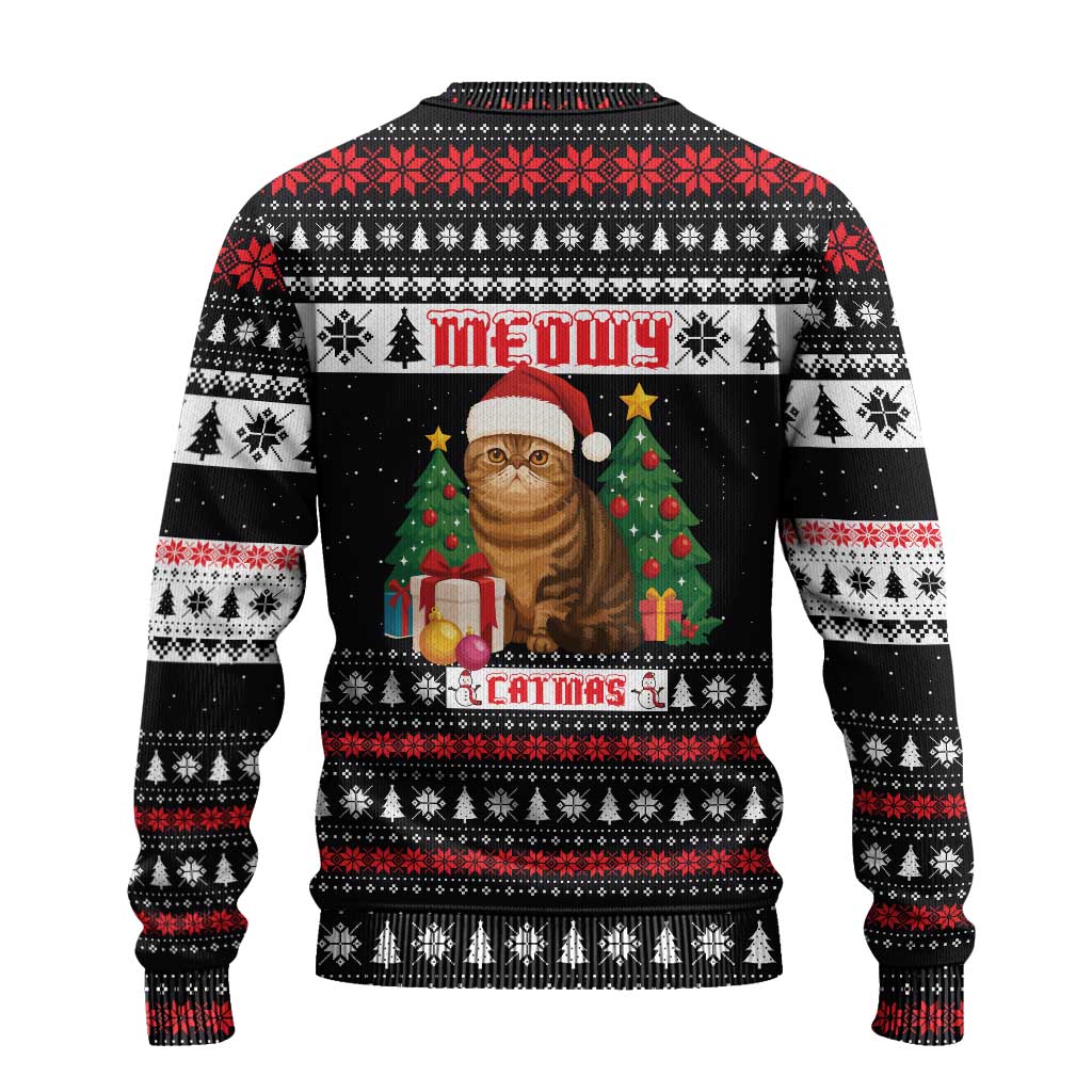 Meowy Catmas Ugly Christmas Sweater with Tabby Cat Santa Hat and Christmas Tree Gift Pattern Design - Wonder Print Shop