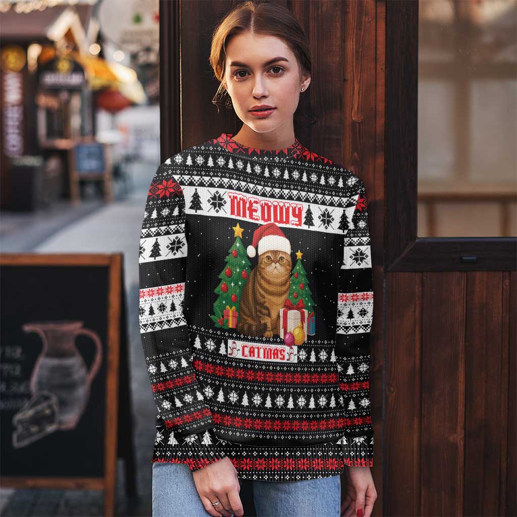 Meowy Catmas Ugly Christmas Sweater with Tabby Cat Santa Hat and Christmas Tree Gift Pattern Design - Wonder Print Shop
