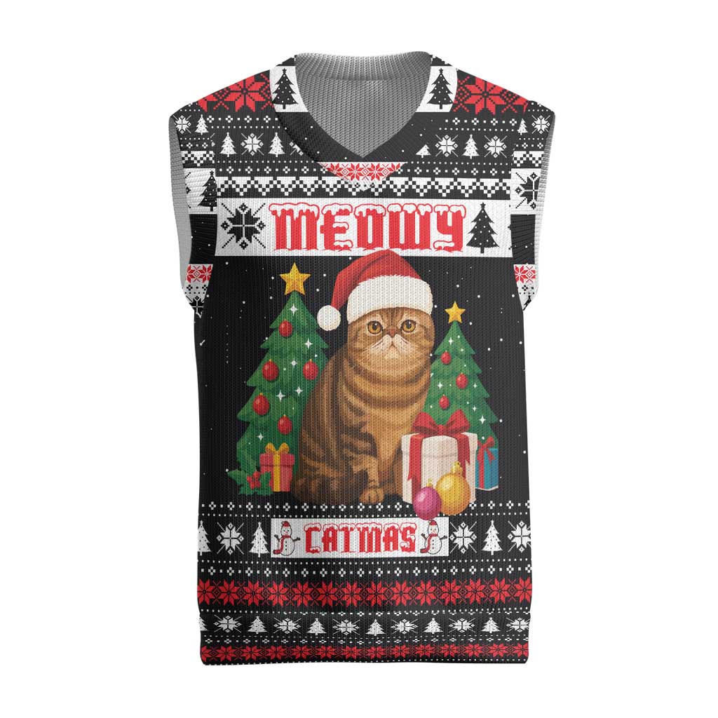 Meowy Catmas Christmas Knitted V-Neck Vest with Tabby Cat Santa Hat and Christmas Tree Gift Pattern Design - Wonder Print Shop