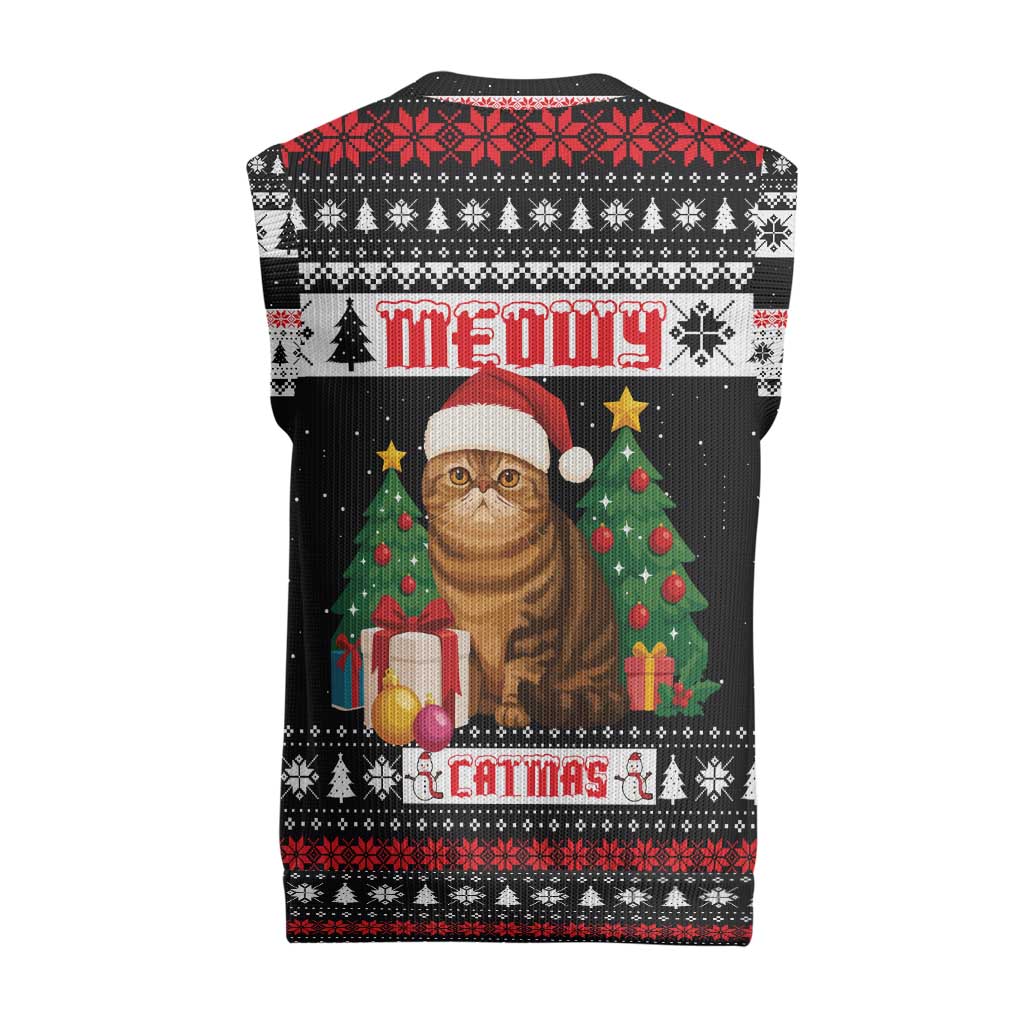 Meowy Catmas Christmas Knitted V-Neck Vest with Tabby Cat Santa Hat and Christmas Tree Gift Pattern Design - Wonder Print Shop
