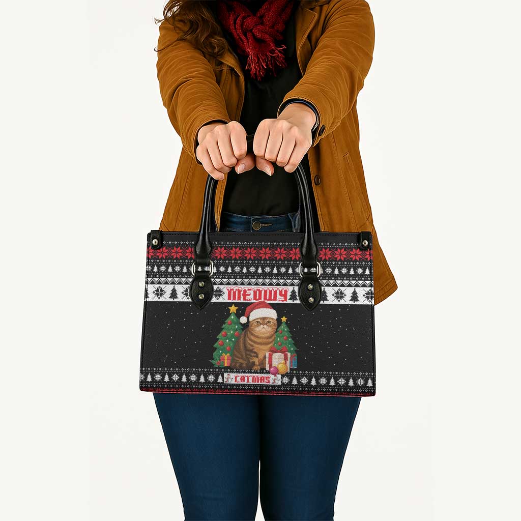 Meowy Catmas Leather Bag with Tabby Cat Santa Hat and Christmas Tree Gift Pattern Design - Wonder Print Shop