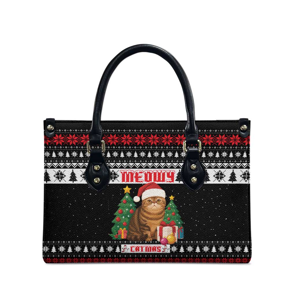 Meowy Catmas Leather Bag with Tabby Cat Santa Hat and Christmas Tree Gift Pattern Design - Wonder Print Shop