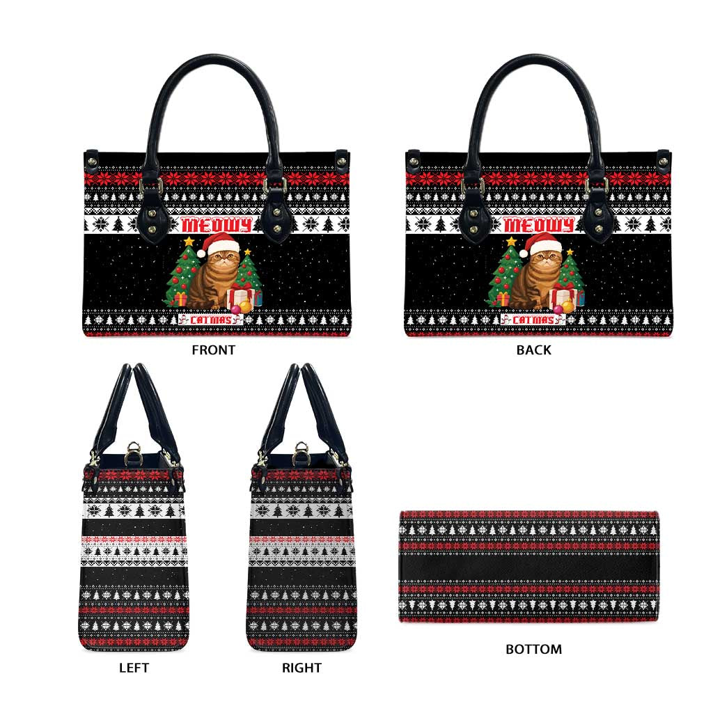 Meowy Catmas Leather Bag with Tabby Cat Santa Hat and Christmas Tree Gift Pattern Design - Wonder Print Shop
