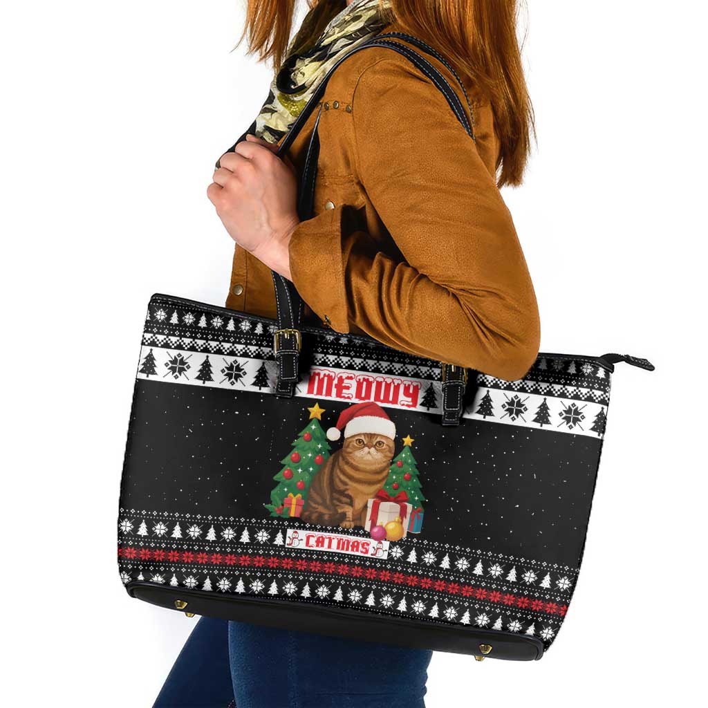 Meowy Catmas Leather Tote Bag with Tabby Cat Santa Hat and Christmas Tree Gift Pattern Design - Wonder Print Shop