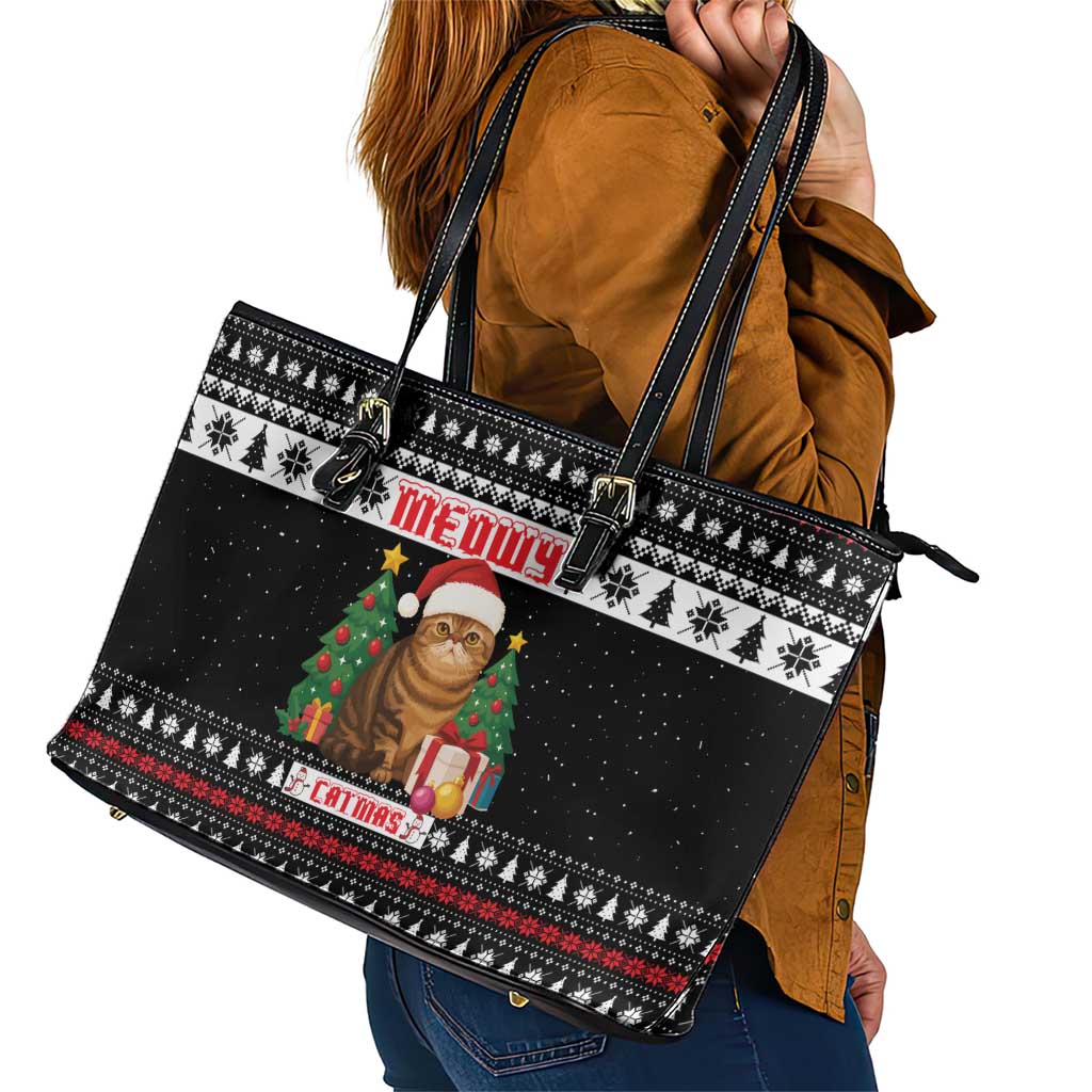 Meowy Catmas Leather Tote Bag with Tabby Cat Santa Hat and Christmas Tree Gift Pattern Design - Wonder Print Shop