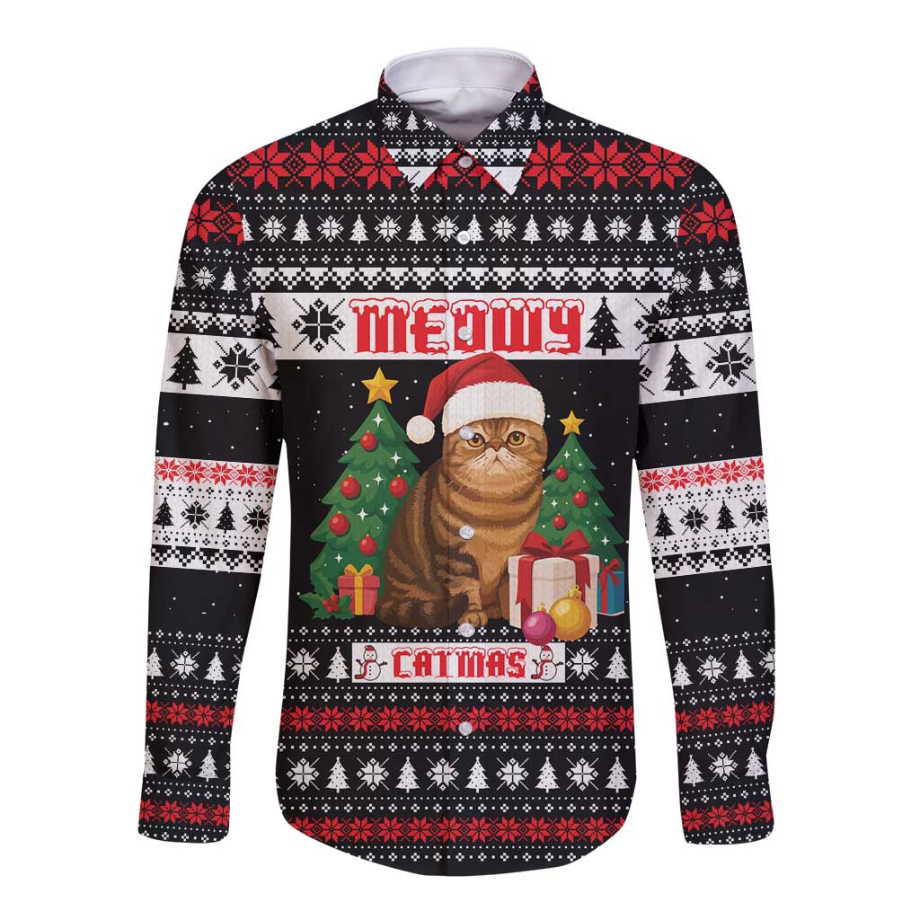 Meowy Catmas Long Sleeve Button Shirt with Tabby Cat Santa Hat and Christmas Tree Gift Pattern Design - Wonder Print Shop