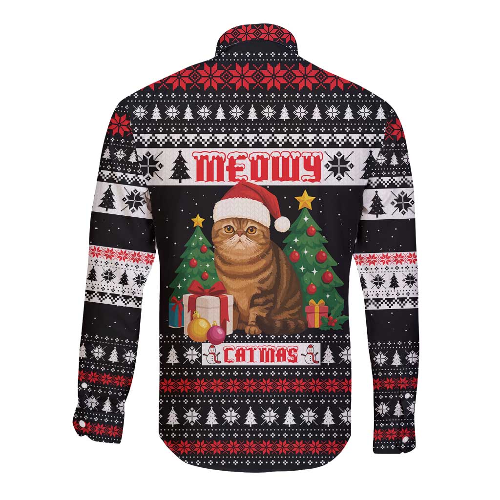 Meowy Catmas Long Sleeve Button Shirt with Tabby Cat Santa Hat and Christmas Tree Gift Pattern Design - Wonder Print Shop