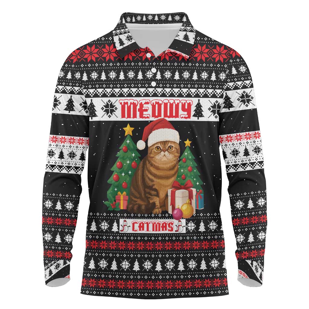 Meowy Catmas Long Sleeve Polo Shirt with Tabby Cat Santa Hat and Christmas Tree Gift Pattern Design - Wonder Print Shop