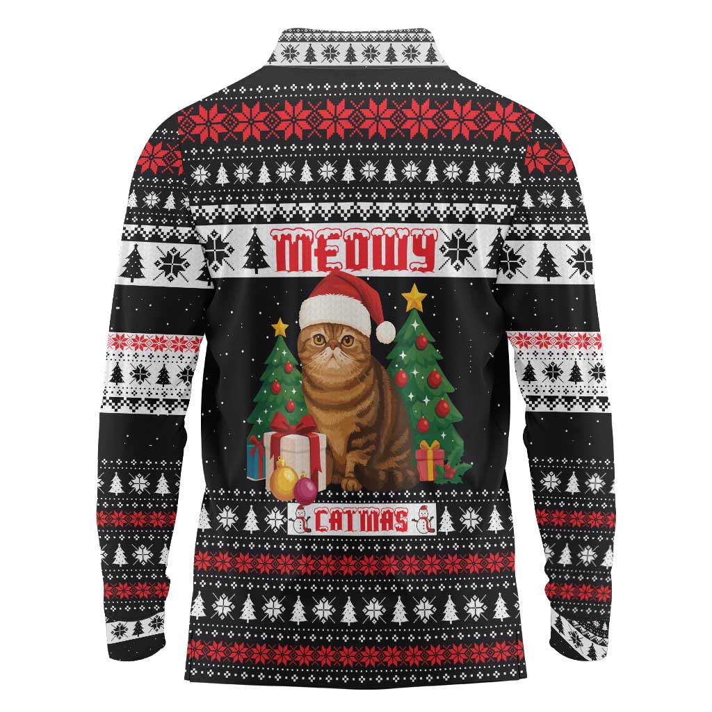 Meowy Catmas Long Sleeve Polo Shirt with Tabby Cat Santa Hat and Christmas Tree Gift Pattern Design - Wonder Print Shop