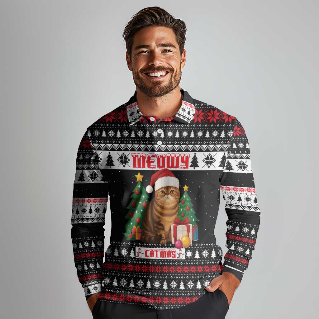 Meowy Catmas Long Sleeve Polo Shirt with Tabby Cat Santa Hat and Christmas Tree Gift Pattern Design - Wonder Print Shop