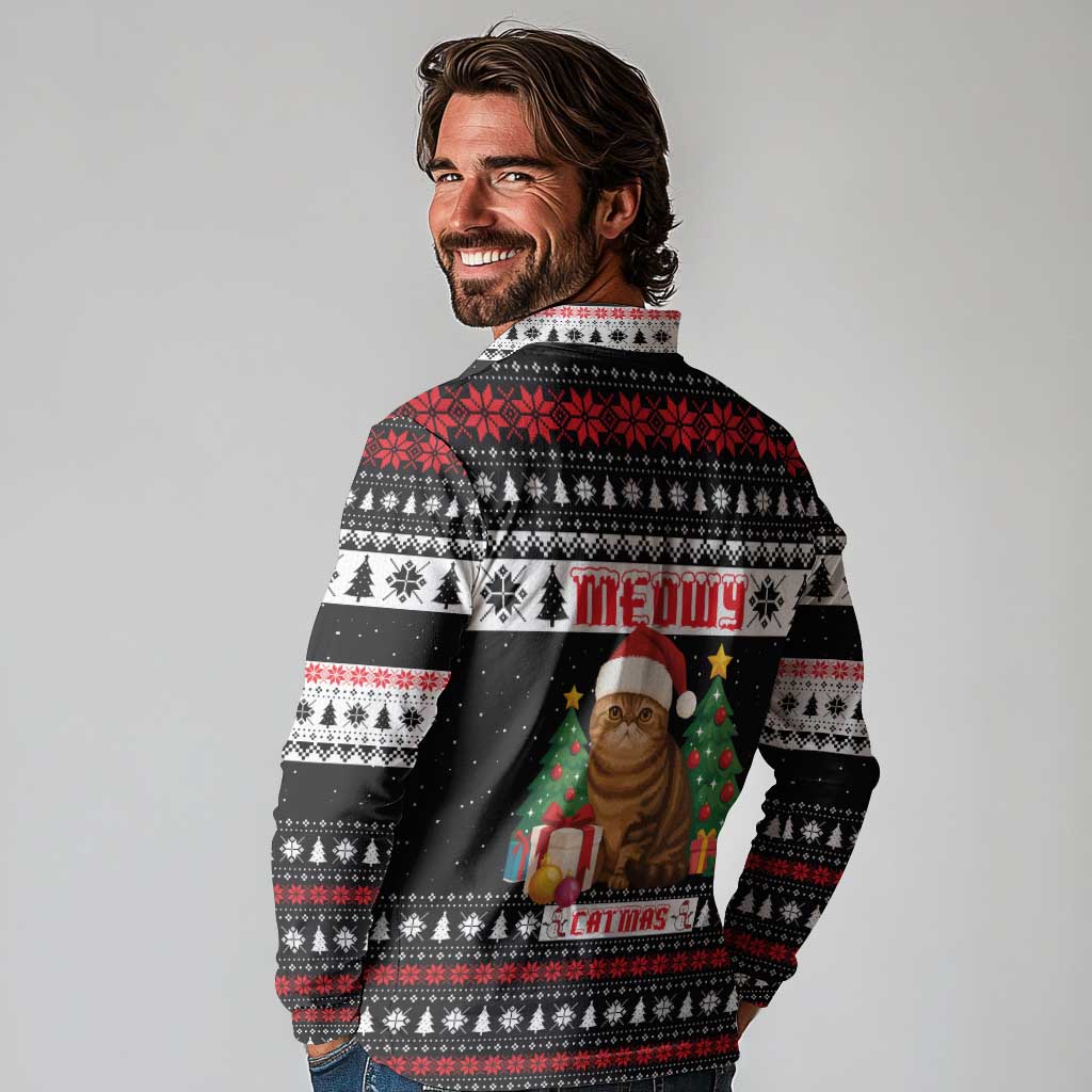 Meowy Catmas Long Sleeve Polo Shirt with Tabby Cat Santa Hat and Christmas Tree Gift Pattern Design - Wonder Print Shop