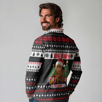 Meowy Catmas Long Sleeve Polo Shirt with Tabby Cat Santa Hat and Christmas Tree Gift Pattern Design - Wonder Print Shop