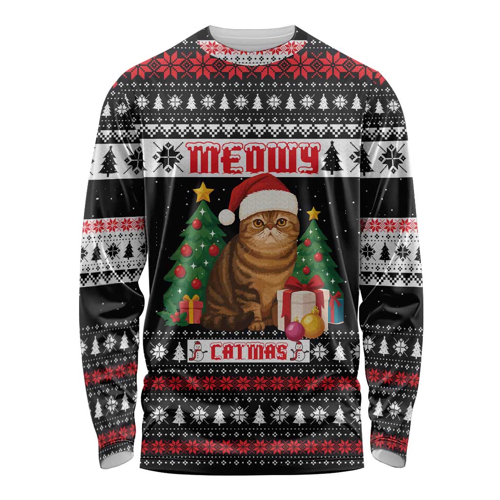 Meowy Catmas Long Sleeve Shirt with Tabby Cat Santa Hat and Christmas Tree Gift Pattern Design - Wonder Print Shop