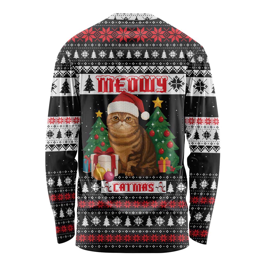 Meowy Catmas Long Sleeve Shirt with Tabby Cat Santa Hat and Christmas Tree Gift Pattern Design - Wonder Print Shop