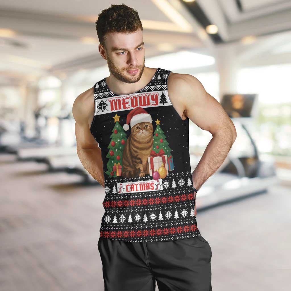 Meowy Catmas Men Tank Top with Tabby Cat Santa Hat and Christmas Tree Gift Pattern Design - Wonder Print Shop