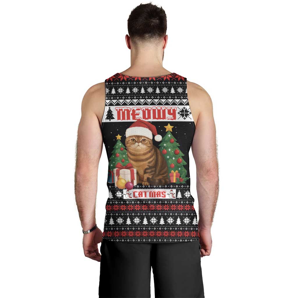 Meowy Catmas Men Tank Top with Tabby Cat Santa Hat and Christmas Tree Gift Pattern Design - Wonder Print Shop