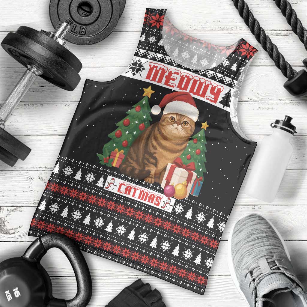Meowy Catmas Men Tank Top with Tabby Cat Santa Hat and Christmas Tree Gift Pattern Design - Wonder Print Shop