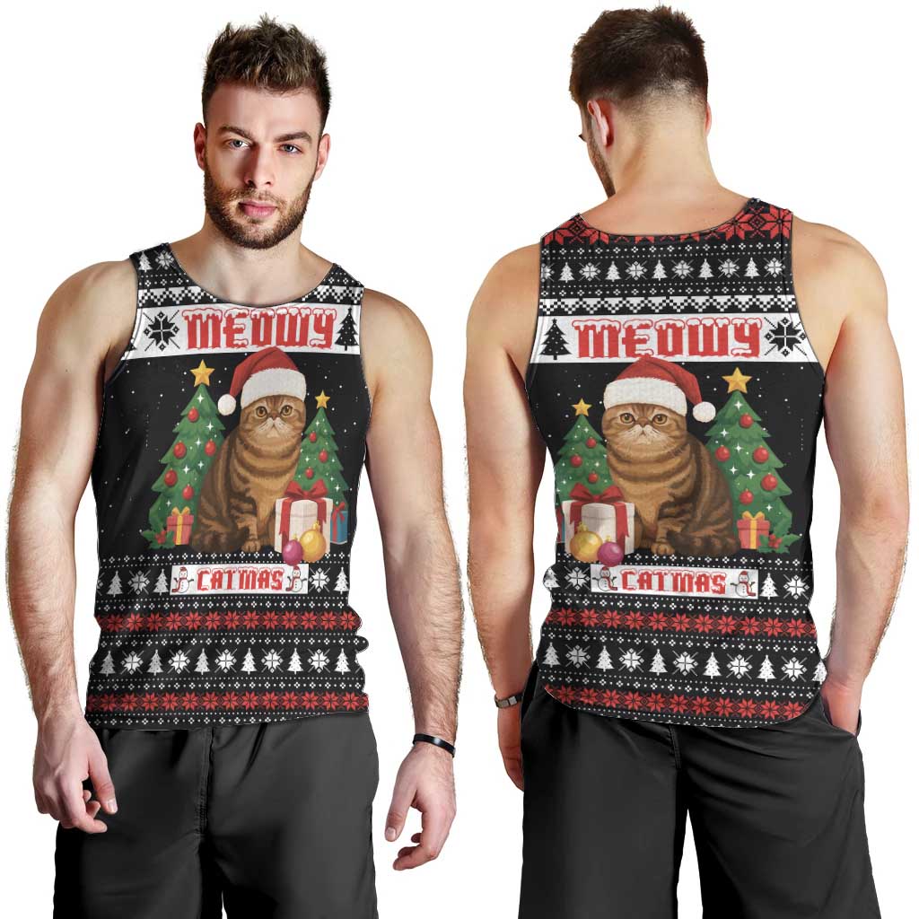 Meowy Catmas Men Tank Top with Tabby Cat Santa Hat and Christmas Tree Gift Pattern Design - Wonder Print Shop