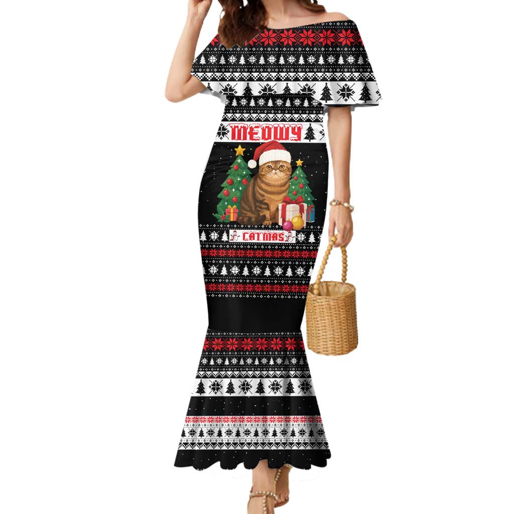 Meowy Catmas Mermaid Dress with Tabby Cat Santa Hat and Christmas Tree Gift Pattern Design - Wonder Print Shop