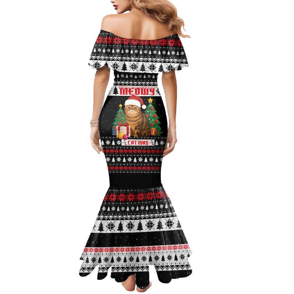 Meowy Catmas Mermaid Dress with Tabby Cat Santa Hat and Christmas Tree Gift Pattern Design - Wonder Print Shop