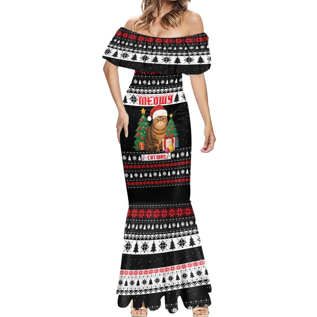 Meowy Catmas Mermaid Dress with Tabby Cat Santa Hat and Christmas Tree Gift Pattern Design - Wonder Print Shop