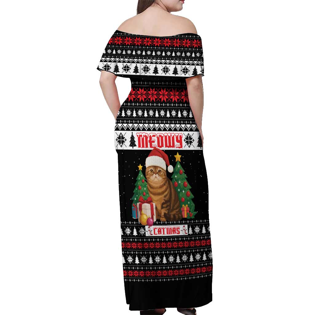 Meowy Catmas Off Shoulder Maxi Dress with Tabby Cat Santa Hat and Christmas Tree Gift Pattern Design - Wonder Print Shop
