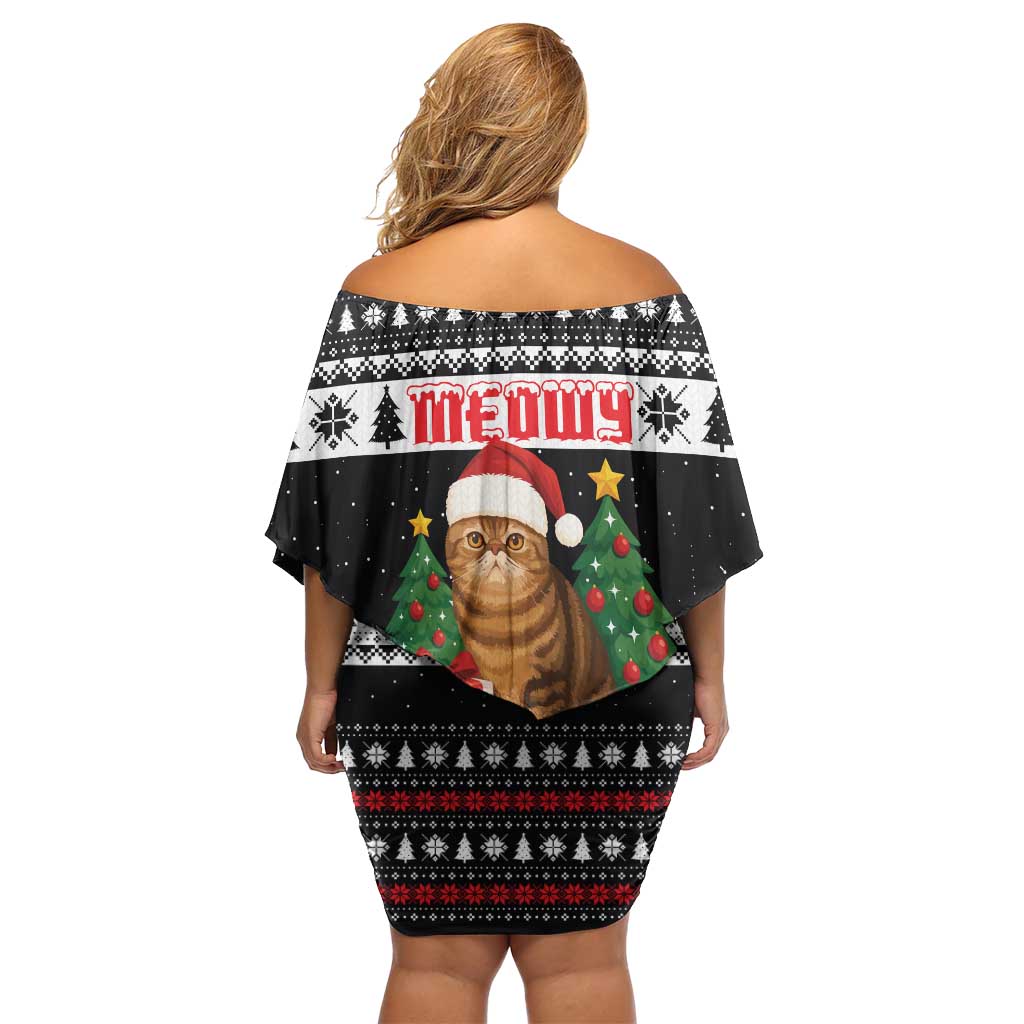 Meowy Catmas Off Shoulder Short Dress with Tabby Cat Santa Hat and Christmas Tree Gift Pattern Design - Wonder Print Shop