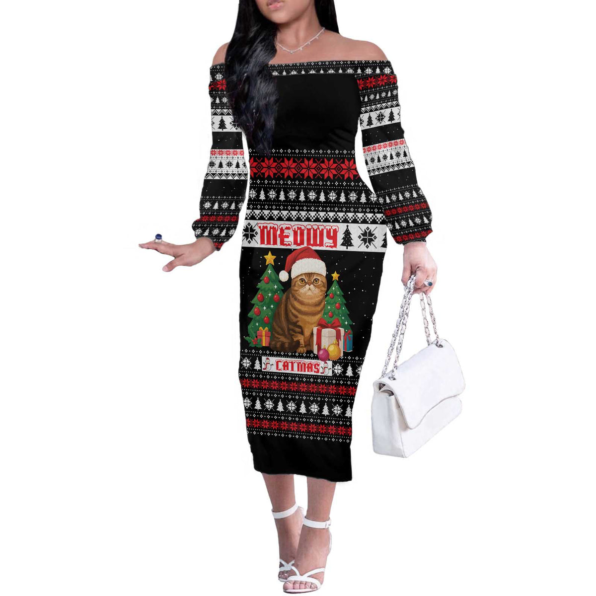 Meowy Catmas Off The Shoulder Long Sleeve Dress with Tabby Cat Santa Hat and Christmas Tree Gift Pattern Design - Wonder Print Shop
