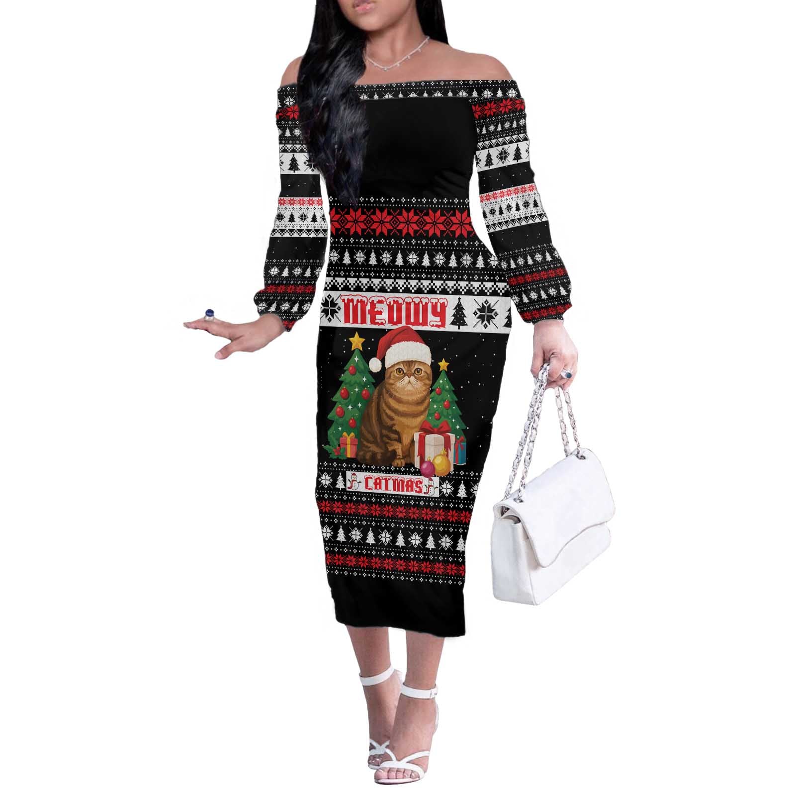 Meowy Catmas Off The Shoulder Long Sleeve Dress with Tabby Cat Santa Hat and Christmas Tree Gift Pattern Design - Wonder Print Shop