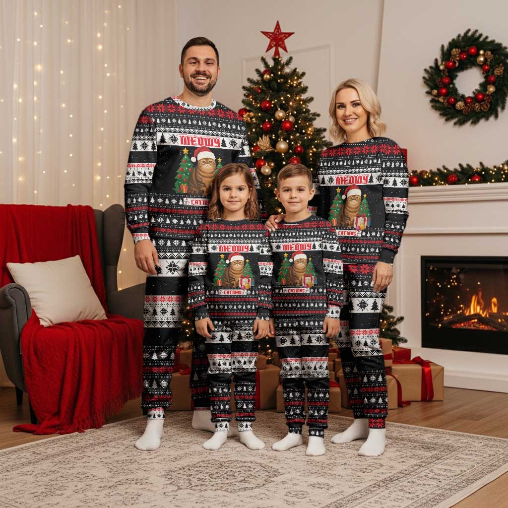 Meowy Catmas Christmas Pajama Set with Tabby Cat Santa Hat and Christmas Tree Gift Pattern Design - Wonder Print Shop