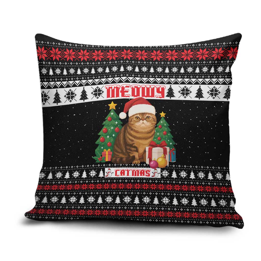 Meowy Catmas Pillow Cover with Tabby Cat Santa Hat and Christmas Tree Gift Pattern Design - Wonder Print Shop