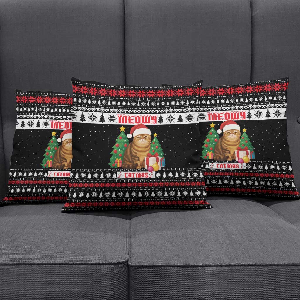 Meowy Catmas Pillow Cover with Tabby Cat Santa Hat and Christmas Tree Gift Pattern Design - Wonder Print Shop