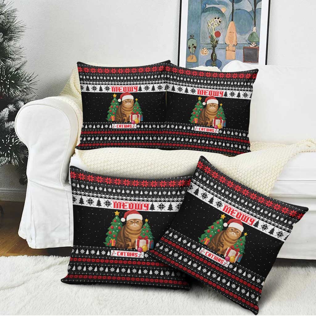 Meowy Catmas Pillow Cover with Tabby Cat Santa Hat and Christmas Tree Gift Pattern Design - Wonder Print Shop