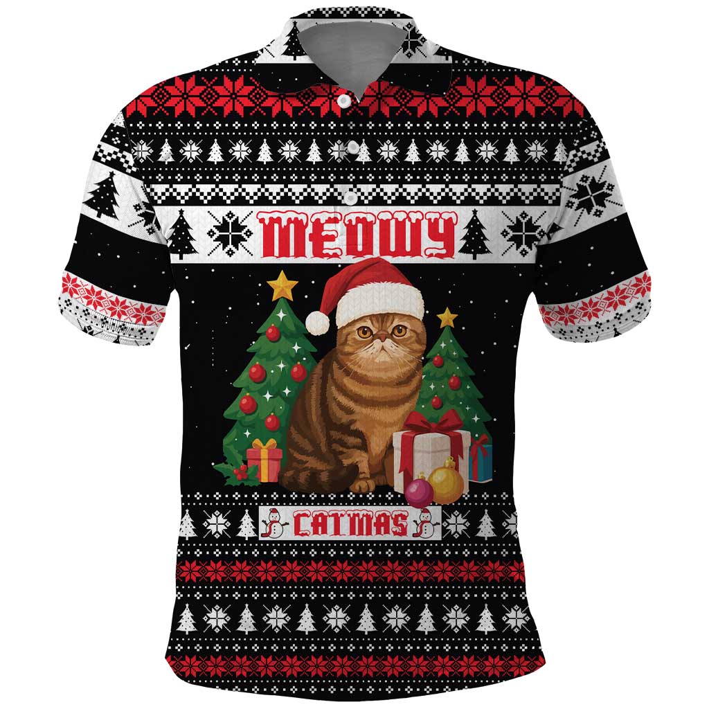 Meowy Catmas Polo Shirt with Tabby Cat Santa Hat and Christmas Tree Gift Pattern Design - Wonder Print Shop