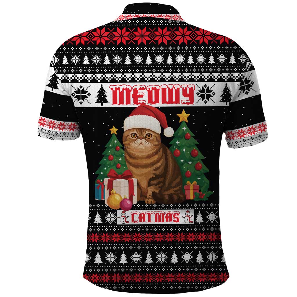 Meowy Catmas Polo Shirt with Tabby Cat Santa Hat and Christmas Tree Gift Pattern Design - Wonder Print Shop