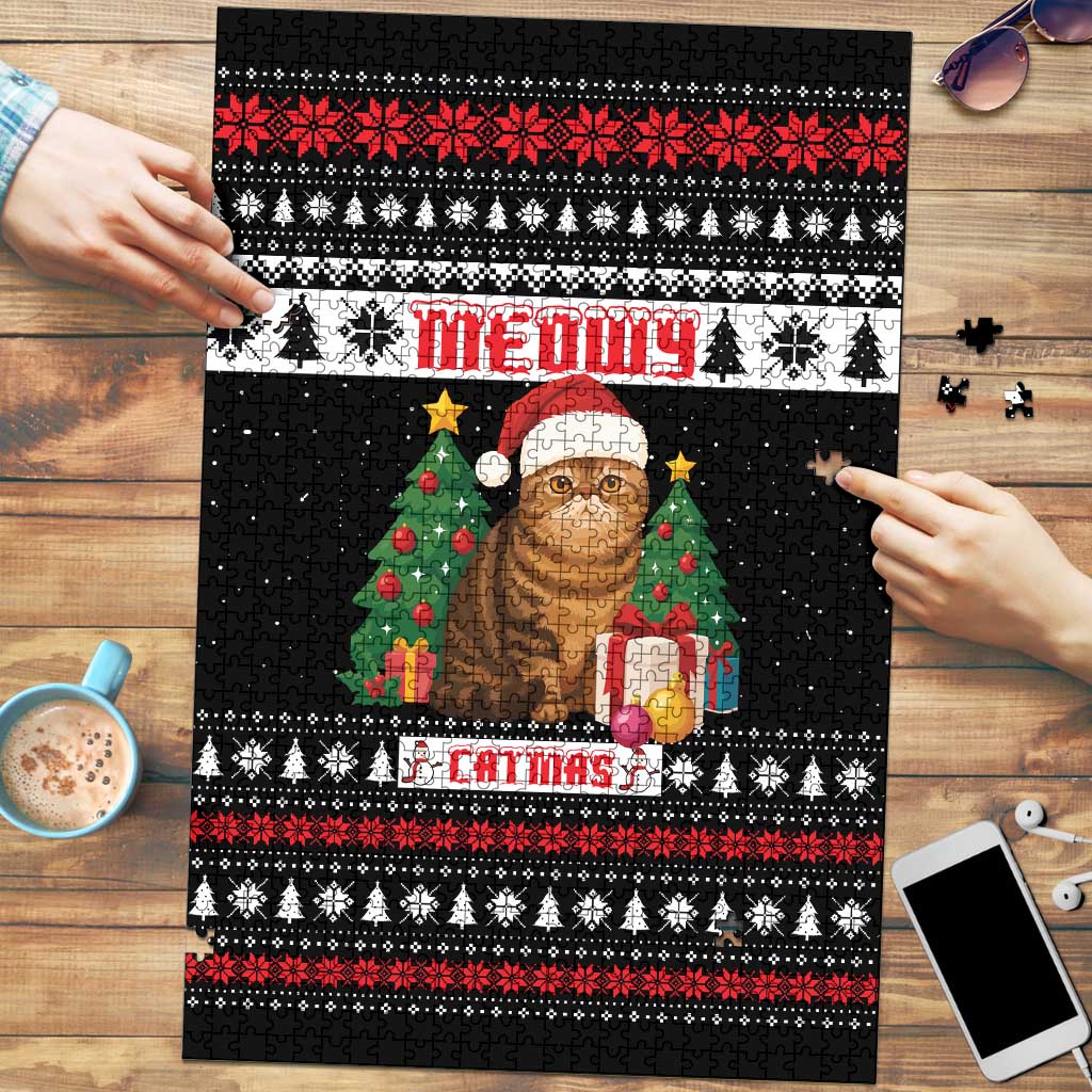 Meowy Catmas Puzzle with Tabby Cat Santa Hat and Christmas Tree Gift Pattern Design - Wonder Print Shop