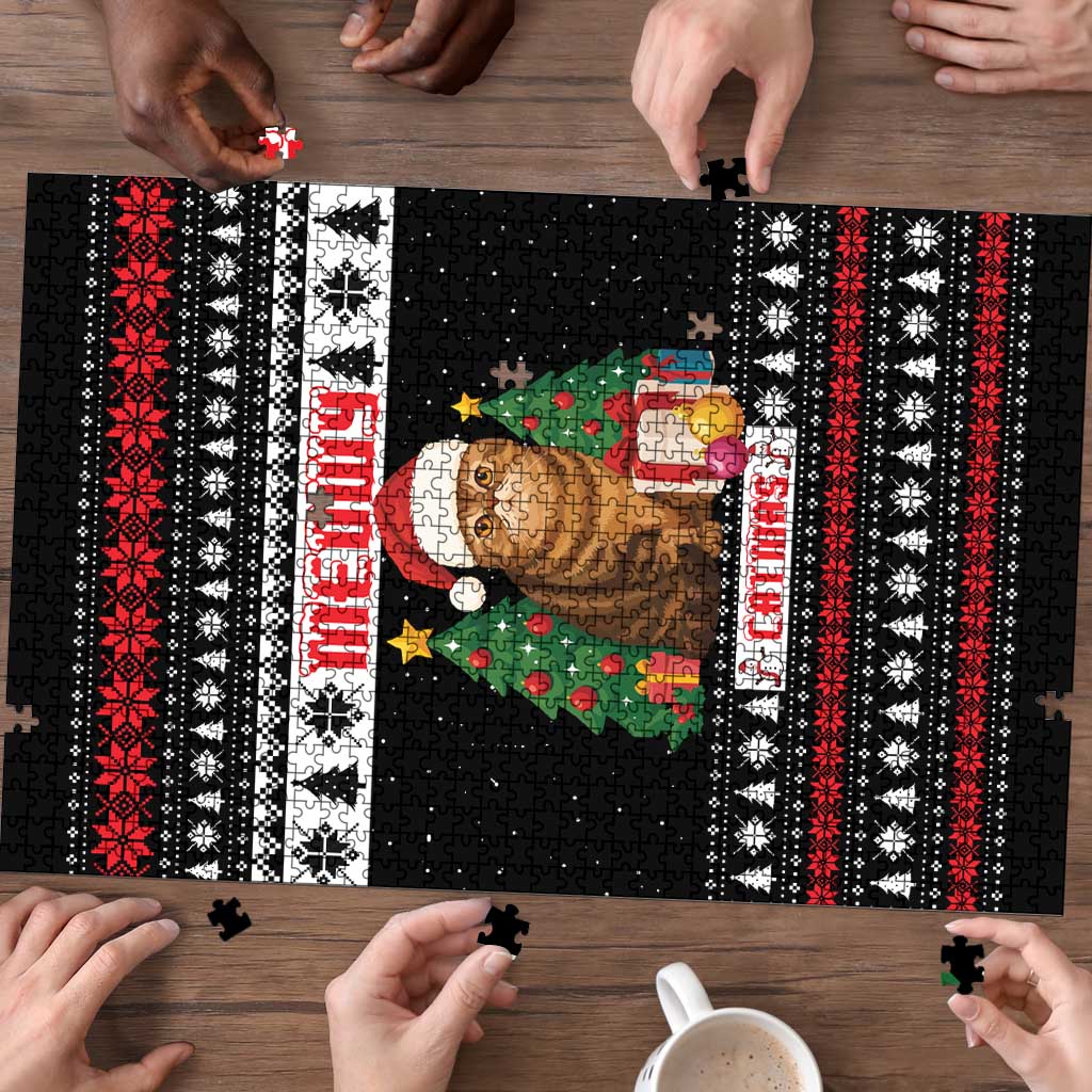 Meowy Catmas Puzzle with Tabby Cat Santa Hat and Christmas Tree Gift Pattern Design - Wonder Print Shop