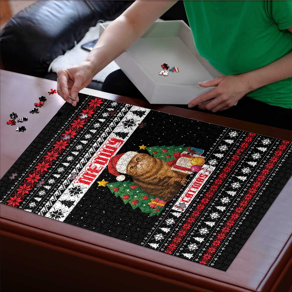 Meowy Catmas Puzzle with Tabby Cat Santa Hat and Christmas Tree Gift Pattern Design - Wonder Print Shop