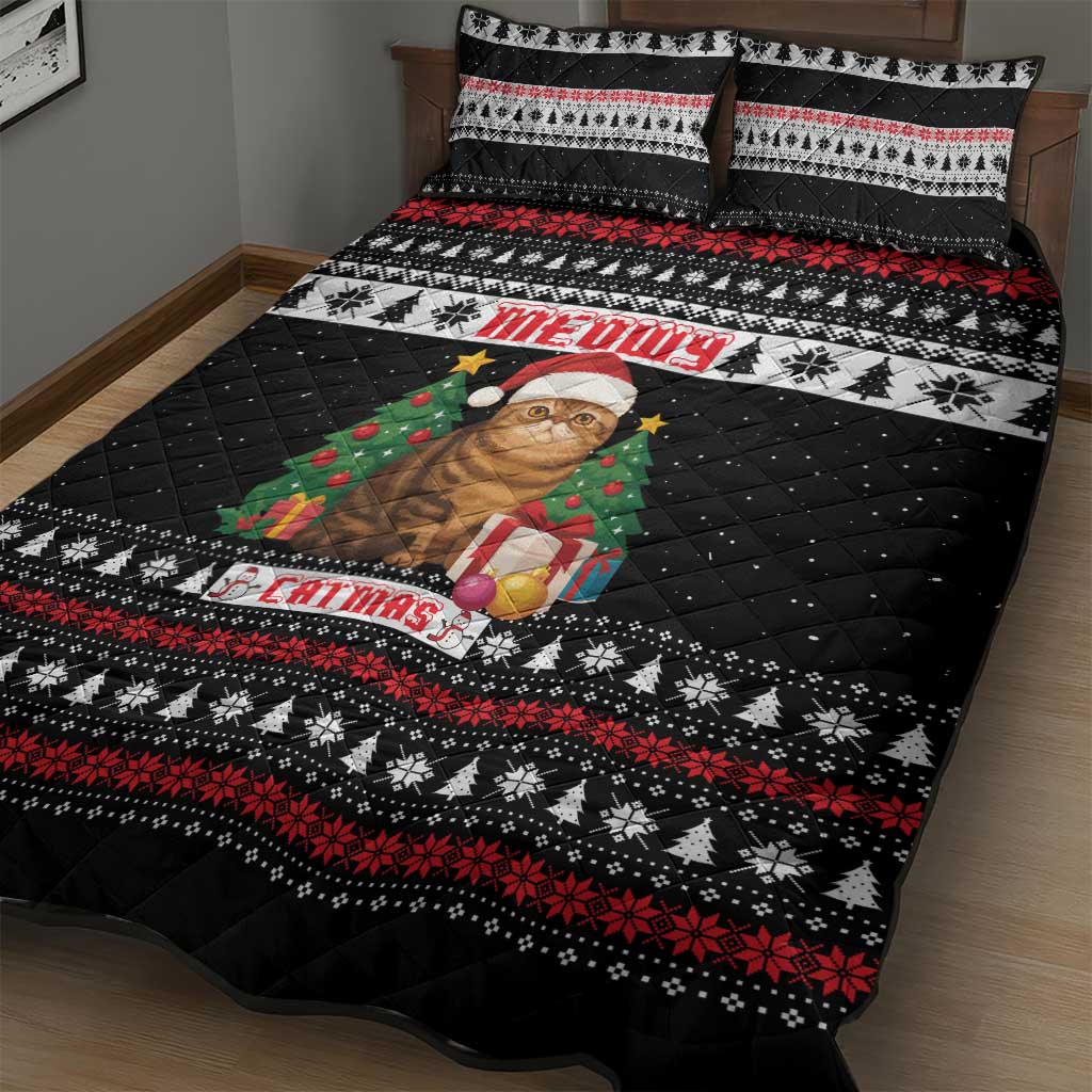 Meowy Catmas Quilt Bed Set with Tabby Cat Santa Hat and Christmas Tree Gift Pattern Design - Wonder Print Shop