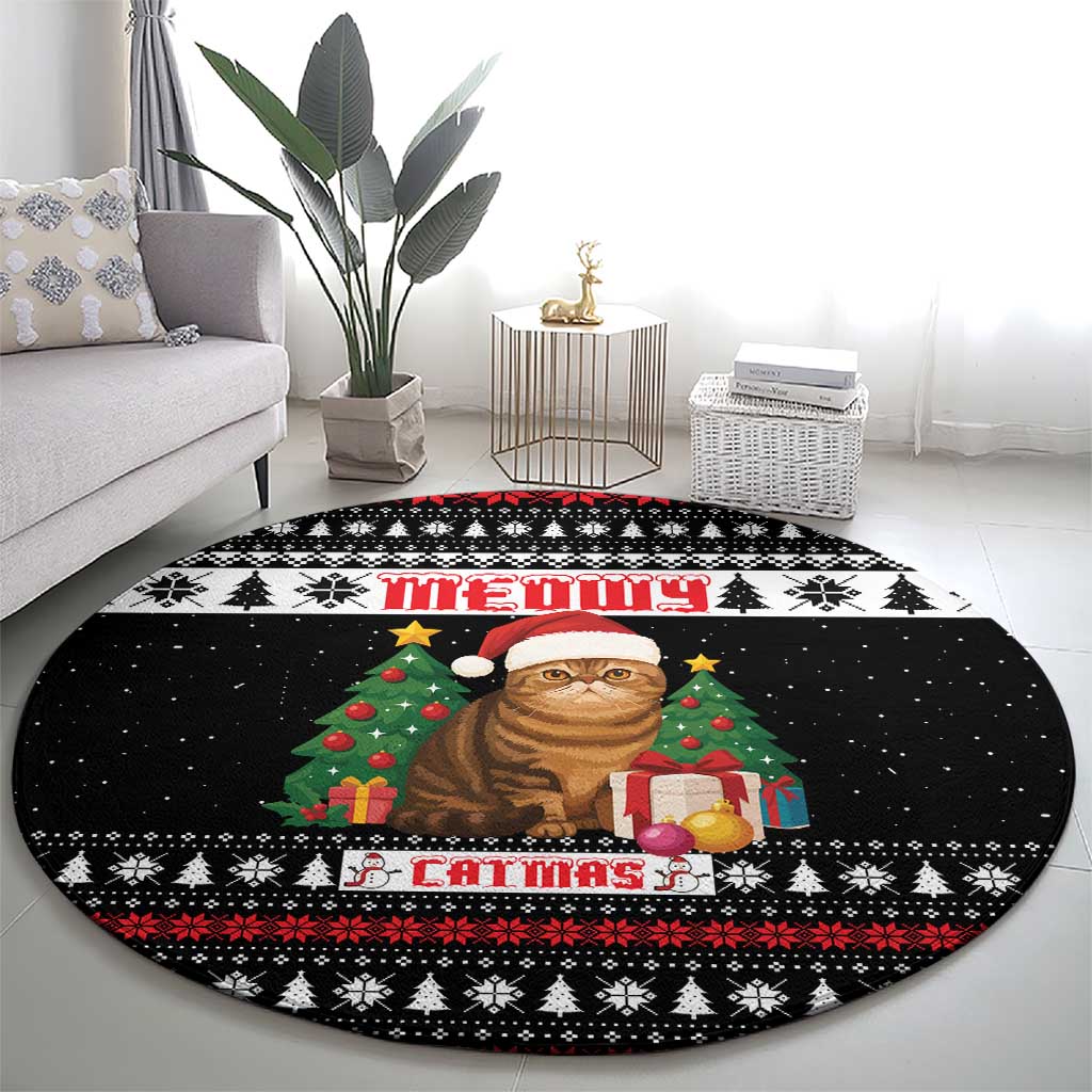 Meowy Catmas Round Carpet with Tabby Cat Santa Hat and Christmas Tree Gift Pattern Design - Wonder Print Shop