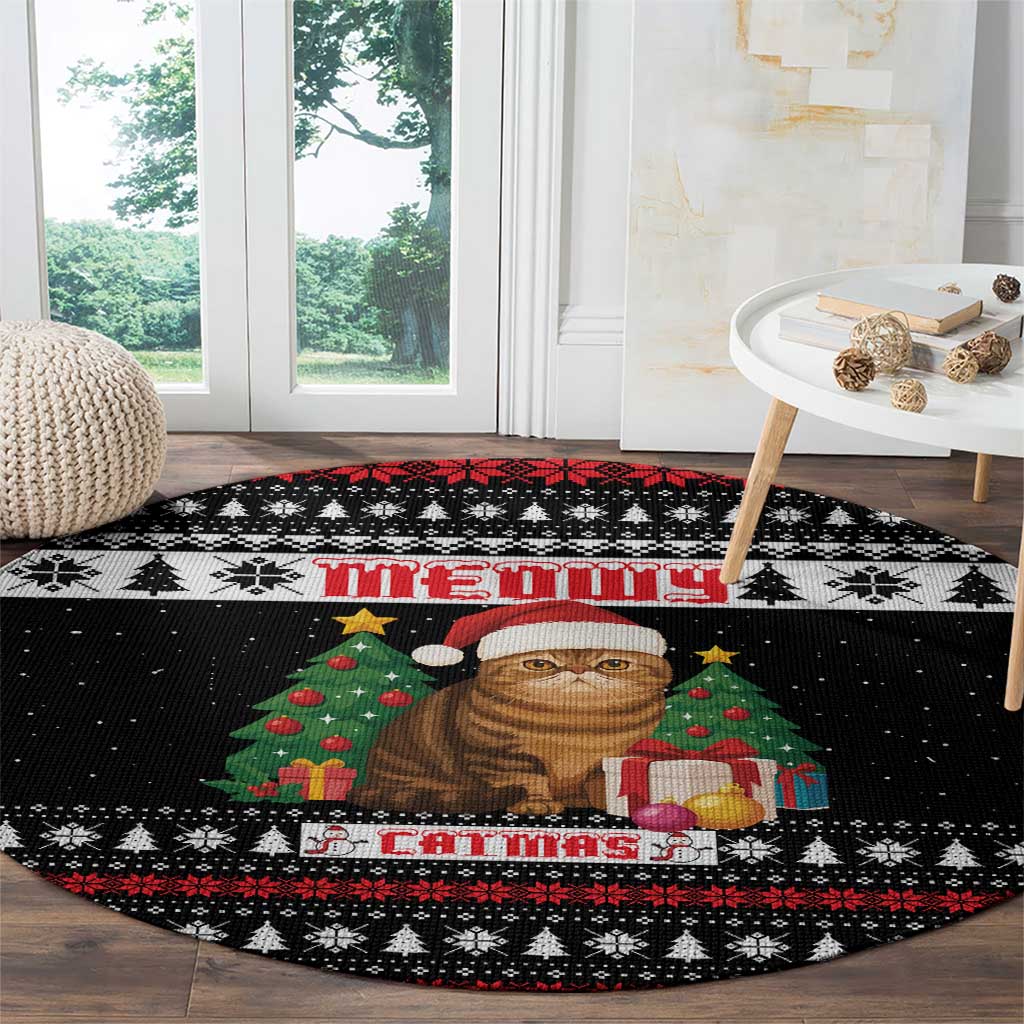 Meowy Catmas Round Carpet with Tabby Cat Santa Hat and Christmas Tree Gift Pattern Design - Wonder Print Shop